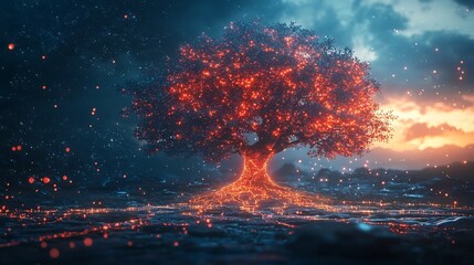 Poster - Futuristic Tree with Flowing Data Streams Symbolizing Digitally Powered Growth