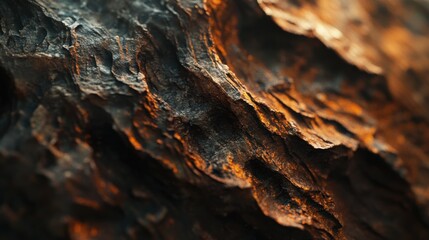 Poster - Intricate details of rough tree bark illuminated by warm light highlighting natural textures
