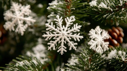 Poster - Close-up view of snow-covered pine needles with beautiful snowflakes in a winter forest