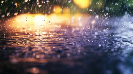 Aufkleber - Close-up view of rain droplets creating ripples on water surface in soft evening light