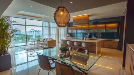 Poster - Modern chic dining area with glass table and designer chairs luxurious apartment interior design contemporary style