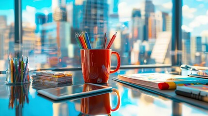 Aufkleber - Creative workspace essentials bright office view with cup of pens and markers urban setting inspirational atmosphere