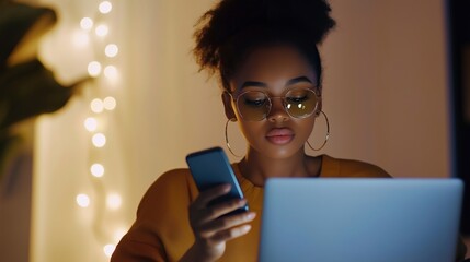 Poster - Young woman engaged in online work while using a smartphone at home during evening hours with warm lighting