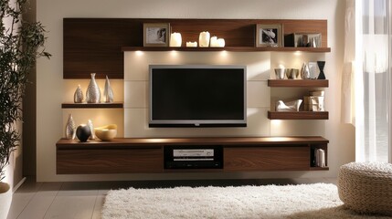 Aufkleber - Modern living room design featuring sleek tv stand and wall-mounted flat screen bright and cozy atmosphere interior view