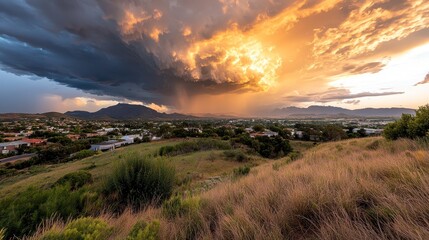Wall Mural - dramatic sunset over urban landscape with storm clouds gathering, highlighting nature's power and be