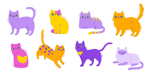 Wall Mural - cartoon cats collection. comic vector kittens set. bright isolated cats bundle.