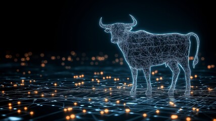 Poster - Glowing bull representing stock market growth on technological background