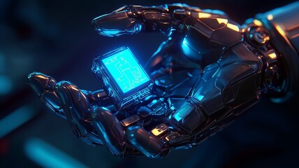 Poster - Robotic hand holding futuristic device with glowing screen displaying data