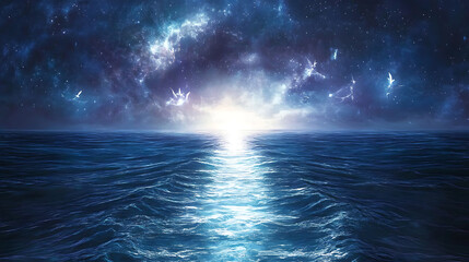 Wall Mural - cosmic ocean scene with glowing waves forming a path under a starry sky, creating a serene and mysti