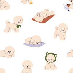 Poster - Bichon Frise dog, seamless pattern. Endless canine background with cute fluffy puppy. Repeating texture, print with sweet funny pups for fabric, textile, wrapping design. Flat vector illustration