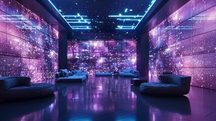 Poster - futuristic lounge is showing galaxy images on large screens with pixelated ceiling lights illuminati