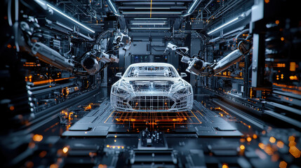Leinwandbilder - 3D printed car being assembled in automated factory with robotic arms. futuristic environment showcases advanced technology and precision in manufacturing