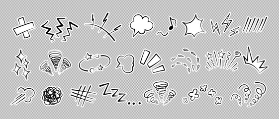 Manga or anime comic emoticon element graphic effects hand drawn doodle vector illustration set isolated on gray background. Sticker style manga doodle line expression scribble anime mark collection