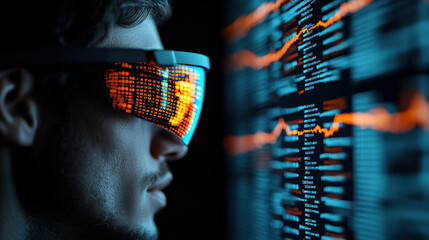 Fototapete - businessperson wearing augmented reality glasses interacts with digital data, showcasing technology and innovation in modern workspace