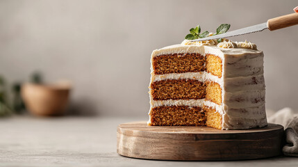 Aufkleber - delicious cake being sliced, showcasing its moist layers and creamy frosting, perfect for celebrations and gatherings