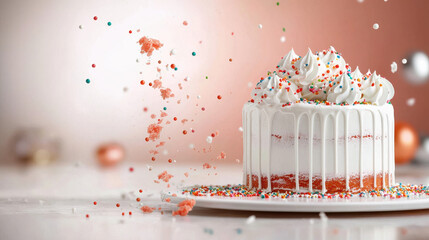 Aufkleber - cake decorated with colorful sprinkles and icing, showcasing delightful design. vibrant colors and festive appearance make it perfect for celebrations