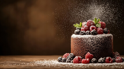 Poster - cho te cake topped with fresh berries and dusting of powdered sugar creates delightful dessert scene. rich colors and textures evoke sense of indulgence and celebration