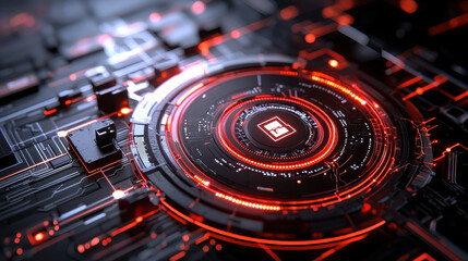 Fototapete - futuristic digital circuit board with glowing red elements, showcasing intricate patterns and technology. design evokes sense of advanced technology and innovation