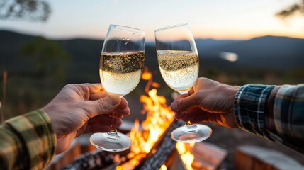 Wall Mural - Three friends enjoying drinks around a campfire in a scenic outdoor setting, capturing camaraderie and adventure.