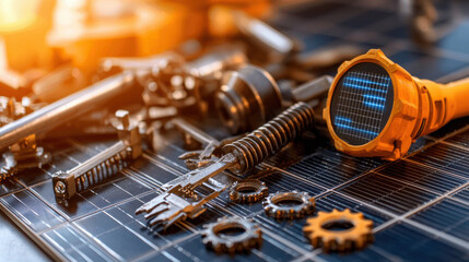 Fototapete - collection of tools and mechanical parts on workbench, showcasing flashlight with solar panel design. scene conveys sense of innovation and craftsmanship