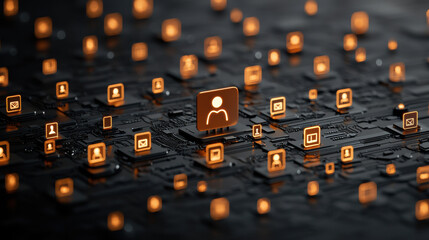 Poster - digital icons representing social connections on circuit board, symbolizing community engagement and