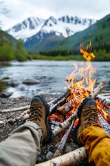 Wall Mural - Relaxing by a campfire with mountain views, two people in hiking boots warming up by the fire, embracing nature and adventure.