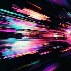 Poster - Screen damage, Glitch Texture, Fragment data interface, error dynamic pixel, Dynamic light trails showcasing vibrant colors and rapid movement, symbolizing speed and innovation in technology.