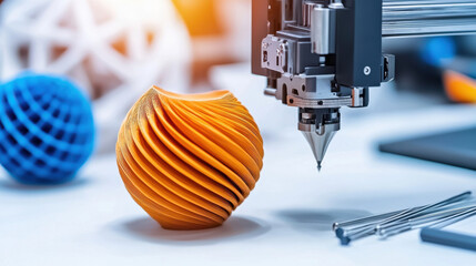 Fototapete - creative digital workspace featuring 3D printer and vibrant designs. orange spiral object showcases innovative printing technology, surrounded by colorful models and tools