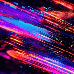Poster - Screen damage, Glitch Texture, Fragment data interface, blur error dynamic pixel pattern, modern digital art with Neon Colors, featuring colorful lights and dynamic patterns, for tech-themed projects.