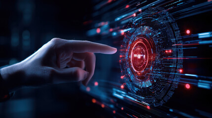 Leinwandbilder - hand interacting with futuristic digital interface, showcasing technology and innovation. vibrant colors and intricate patterns evoke sense of advanced design and creativity