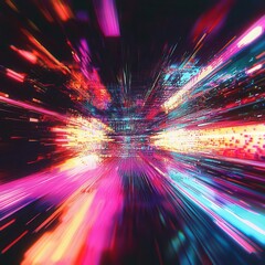 Poster - Screen damage, Glitch Texture, Fragment data interface, blur error dynamic pixel pattern with Neon Colors, digital explosion showcasing movement and energy in a colorful abstract representation.
