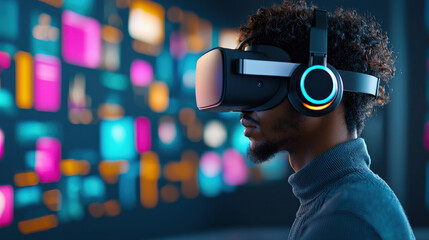 Poster - digital artist using virtual reality tools to create immersive experiences. artist is focused, wearing VR headset and headphones, surrounded by vibrant digital displays
