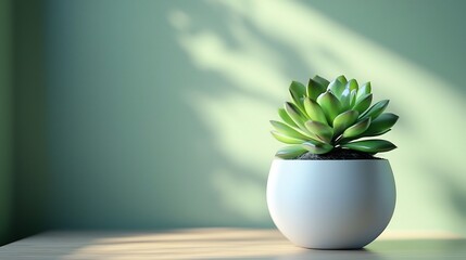 Closeup view of a single green succulent plant growing in a white ceramic pot placed on a minimalist study table with a clean and blank background offering a simple and serene visual for home