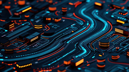 Poster - digital map displaying traffic congestion and alternative routes with vibrant blue and orange lines, representing complex urban network