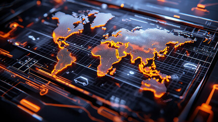 Leinwandbilder - digital map displaying live flight tracking and updates with glowing orange accents. intricate design highlights global connectivity and modern technology