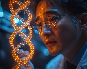 Poster - Scientist Examining Glowing DNA Model in Lab with Focused Expression