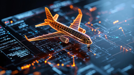 Aufkleber - digital map featuring live flight tracking and updates, showcasing illuminated airplane model. This high tech visualization highlights modern aviation technology and connectivity