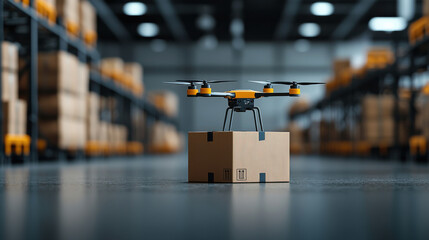 Poster - drone is positioned on cardboard box in modern warehouse, showcasing advanced technology for sorting and packing. environment is organized and efficient, highlighting automation