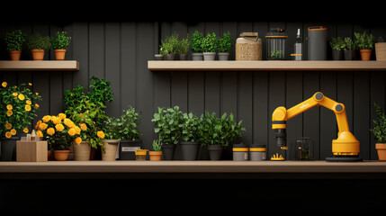 Fototapete - modern greenhouse featuring robotic arm tending to vibrant plants, showcasing automation in gardening. scene is filled with greenery and colorful flowers, creating lively atmosphere