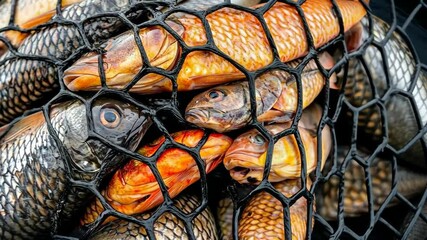Net full of fish with some of them having red spots. The fish are in a net and are not in the water