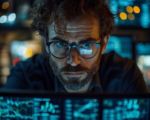 Poster - Intense Researcher Analyzing Multitude of Data Displayed on Multiple Screens in Lab or Office Setting
