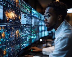 Poster - Focused Researcher Scrutinizing Multiple Data Screens for Insights and Knowledge Discovery