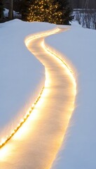 Wall Mural - Illuminated pathway winding through snowy landscape at night.