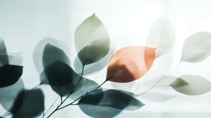 Poster - Colorful leaf stands out among green foliage in soft natural light