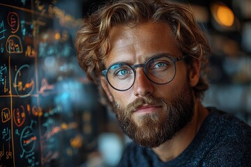 Poster - Bearded Man Deeply Engrossed in Complex Mathematical Equations on Glass Whiteboard