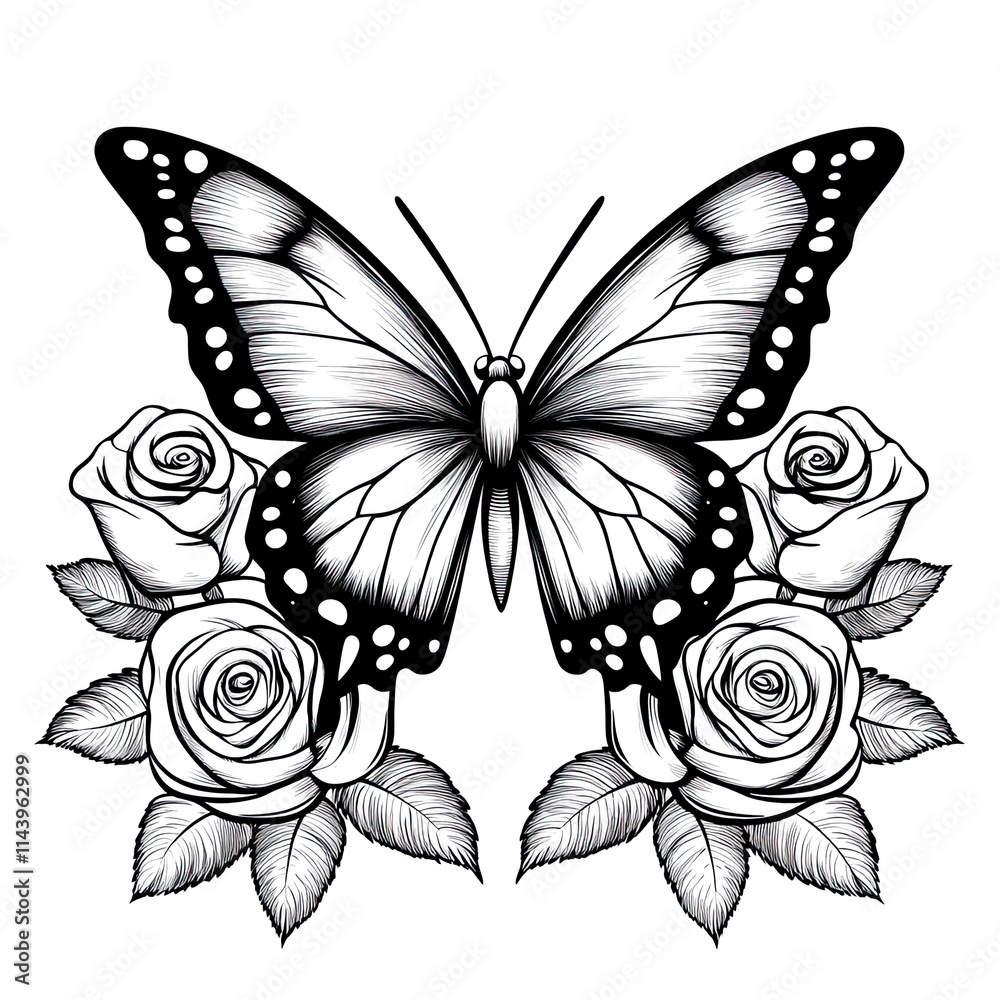 Simple Butterfly and Roses Coloring Page for Kids: Easy Printable ...