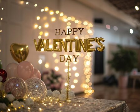 Happy Valentines day Celebration with Gold Typography and Bokeh Effect