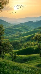 Wall Mural - picturesque countryside landscape with birds flying over endless green hills at sunrise