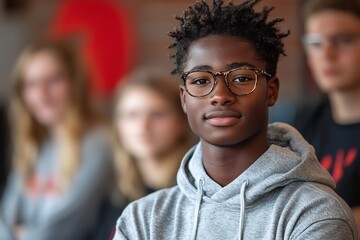 Poster - Teen Entrepreneur Pitching Innovative Idea in School Innovation Lab with Peers Listening