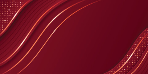 Poster - red luxury background with curved golden lines and glowing dots pattern. dark burgundy gradient wave
